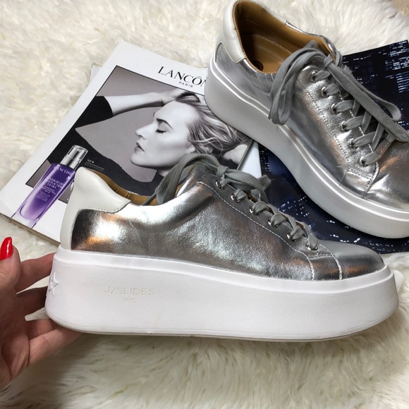 J/Slides Shoes - J/SLIDES Hally Silver Metallic Leather Sneaker